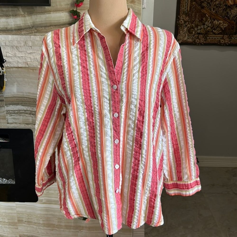 Talbots Women's Pink and White‎ Striped Gingham Button Down  Blouse. Size L